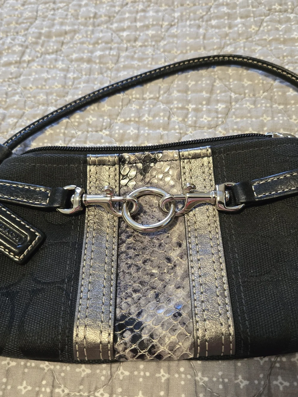 Coach Black Wristlet Wallet with Metallic Snake-Accent Trim